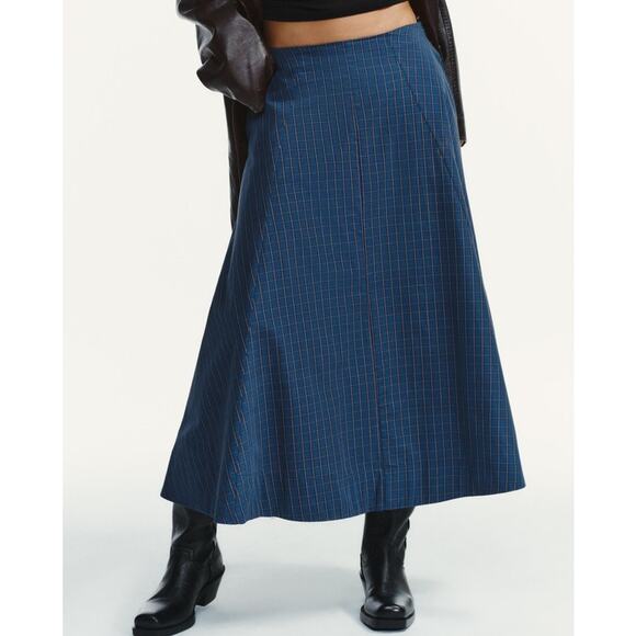 Zara Sz S Plaid ALine Skirt Navy Cotton Midi Prairie Boho Preppy Casual Fall NWT - Picture 1 of 9